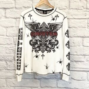 Sinister L Thermal Cross Y2K Style White Long Sleeve Men’s Shirt Spiders Skulls